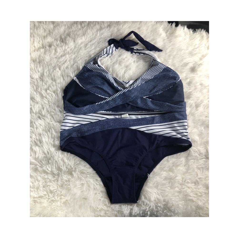 Womens Blue Print Bikini Set Halter Tie Neck Swimwear Twist Front Sz L READ